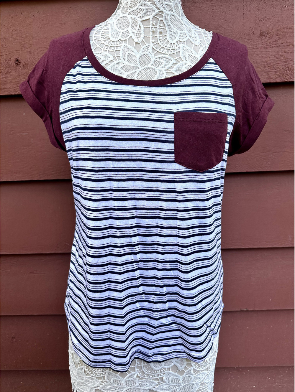 NWT Zine by Zumiez Maroon Striped Pocket Tee